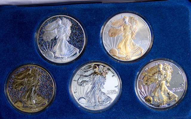 2001 5oz silver set Walking Liberty and Eagle Colorized (BU)